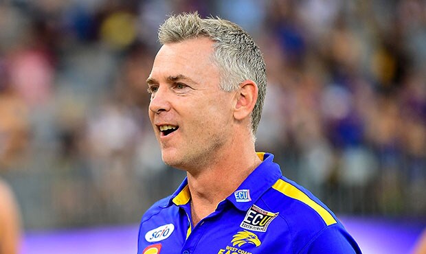 AFL 2018 Round 06 - Fremantle v West Coast PERTH, AUSTRALIA - APRIL 29: Adam Simpson, coach of the Eagles celebrates with the win with Jeremy McGovern of the Eagles during the 2018 AFL round six match between the Fremantle Dockers and the West Coast Eagles at Optus Stadium on April 29, 2018 in Perth, Australia. (Photo by Daniel Carson/AFL Media)